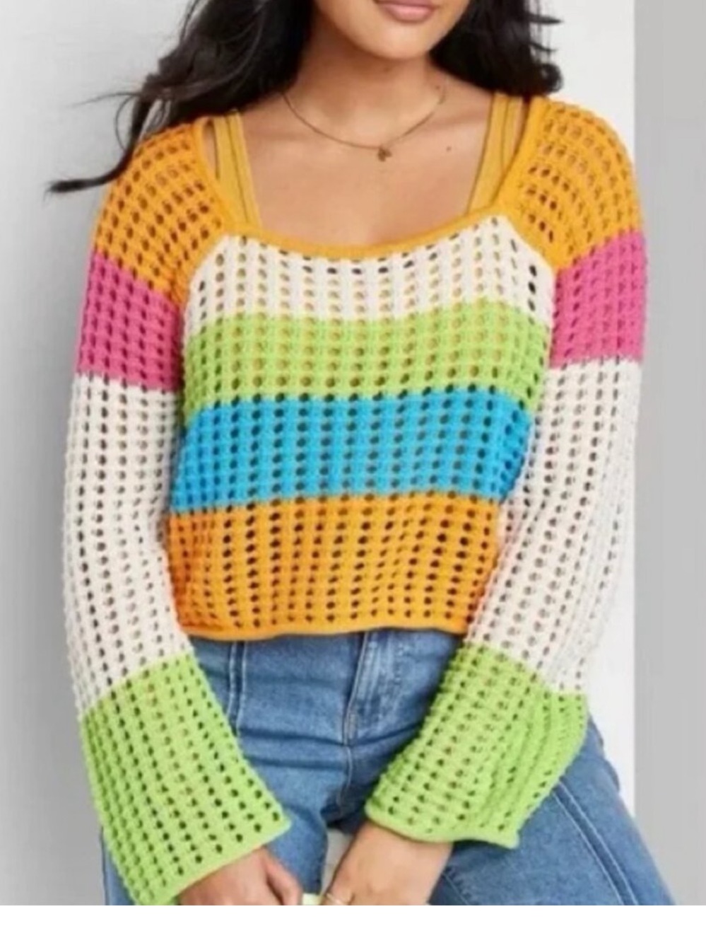 Wild Fable Crochet Rainbow Sweater Square Neck Size XS